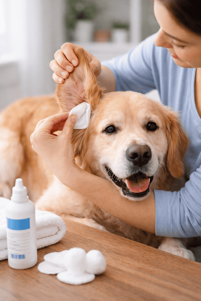 Woman cleaning her dog’s ear with a cotton pad during a regular ear care routine at home.